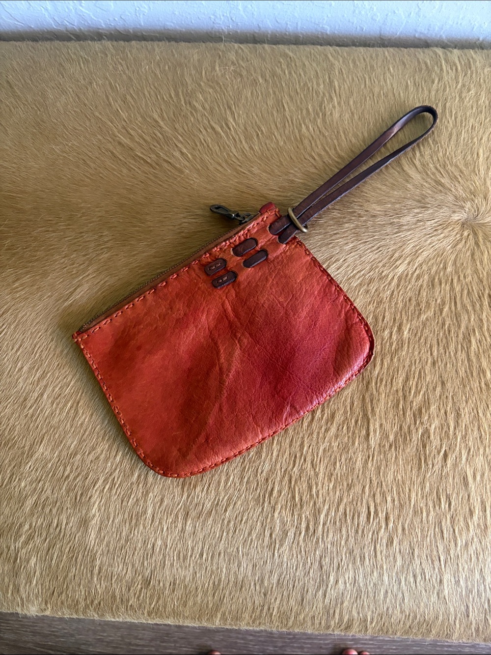 Distressed Red Leather Wristlet Clutch with Strap